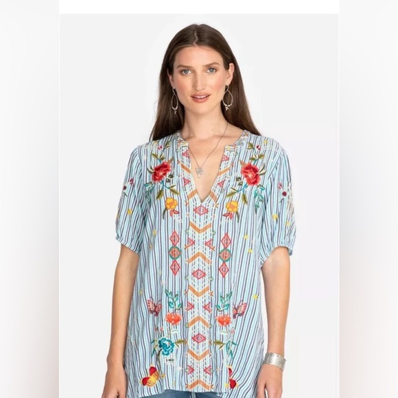 Johnny Was Embroidered Cara Puff Sleeve Effortless Floral Tunic Top Sz XXS - Picture 1 of 9